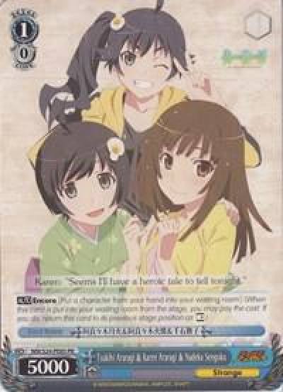 Tsukihi Araragi and Karen Araragi and Nadeko Sengoku NM/S24-PE05 PR NISEMONOGATARI Card